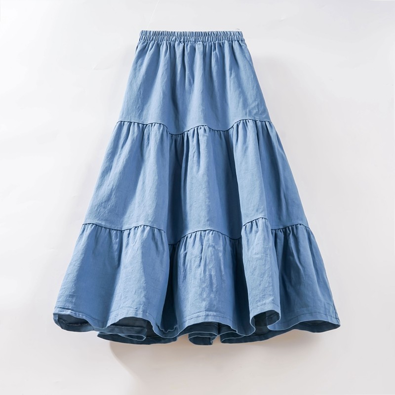 Women's High Waist Vintage A-Line Patchwork Layered Denim Skirt