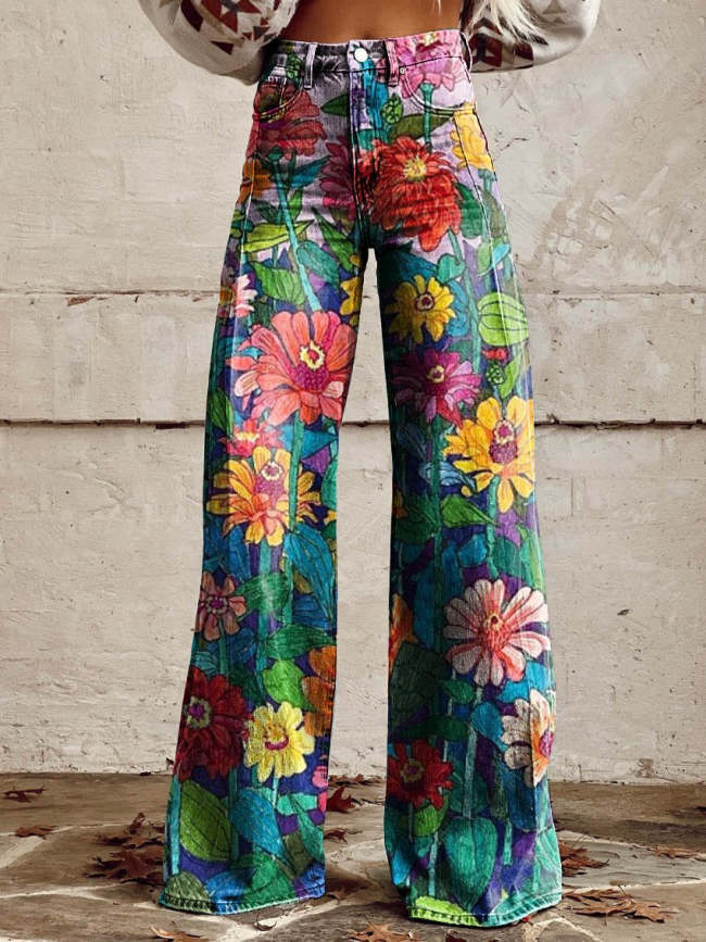 Women's Daisy Print Casual Wide Leg Pants