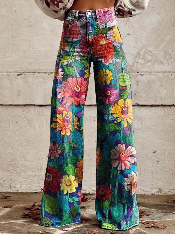 Women's Daisy Print Casual Wide Leg Pants Jeans