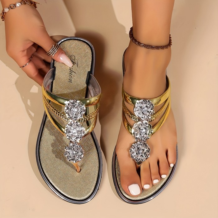 Women's Rhinestone Flower Flip Flops, Fashion Clip Toe Flat Slide Shoes, Casual Indoor & Outdoor Slides