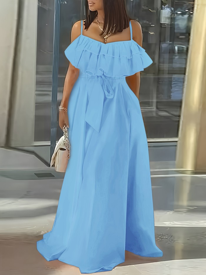 Ruffle Trim Sleeveless Cami Dress, Tie-waist Strap Maxi Length Dress, Women's Clothing