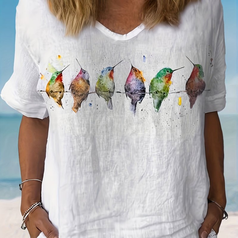 Birds Print V Neck T-shirt, Elegant Short Sleeve Top For Spring & Summer, Women's Clothing