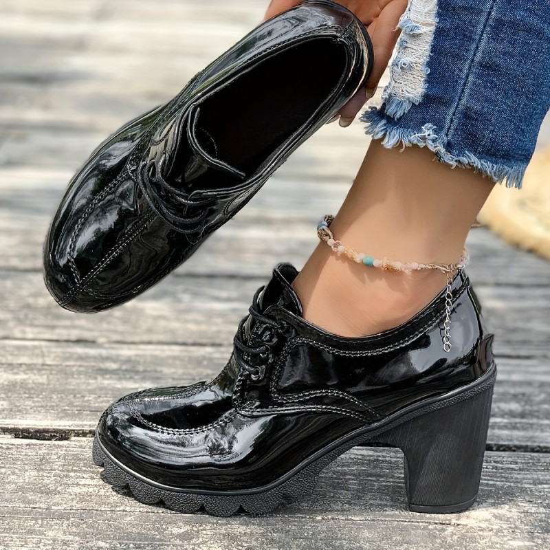 Women's Chunky Heeled Oxfords, Fashion Lace Up Patent Leather Pumps, Versatile Comfy Women's Shoes