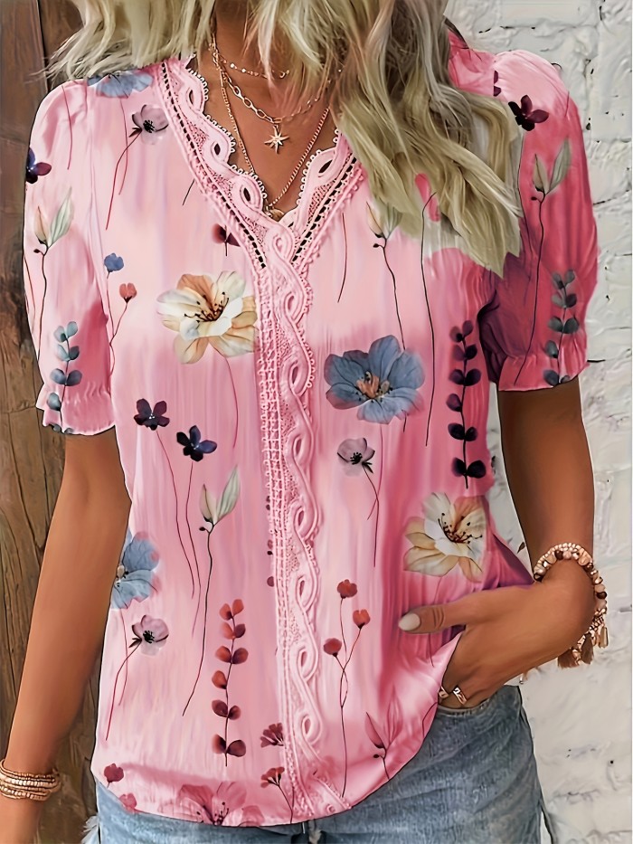 Floral Print V Neck Lace Trim Blouse, Boho Puff Sleeve Blouse For Summer, Women's Clothing