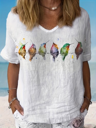 Birds Print V Neck T-shirt, Elegant Short Sleeve Top For Spring & Summer, Women's Clothing