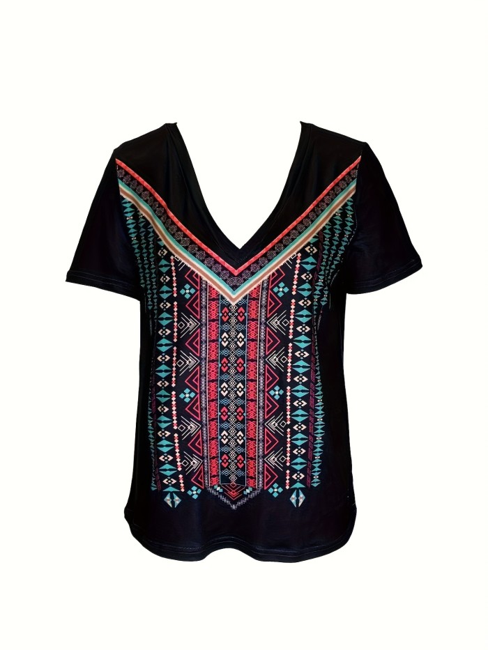 Ethnic Print V Neck T-Shirt, Casual Short Sleeve T-Shirt For Spring & Summer, Women's Clothing