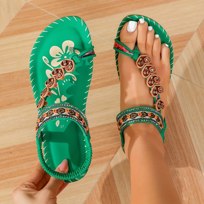 Women's Boho Style Flat Sandals, Heart & Rhinestone Decor Elastic Strap Slip On Shoes, Summer Beach Sandals for Holiday
