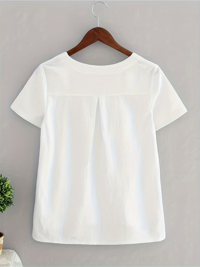 Birds Print V Neck T-shirt, Elegant Short Sleeve Top For Spring & Summer, Women's Clothing