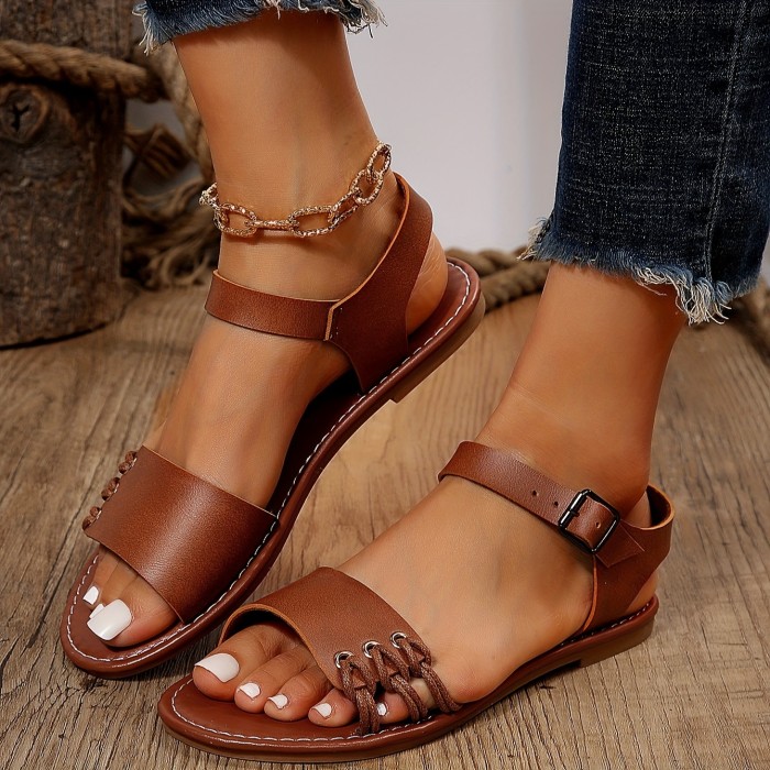 Women's Ankle Strap Flat Sandals, Solid Color Open Toe Summer Shoes, Casual Outdoor Beach Sandals