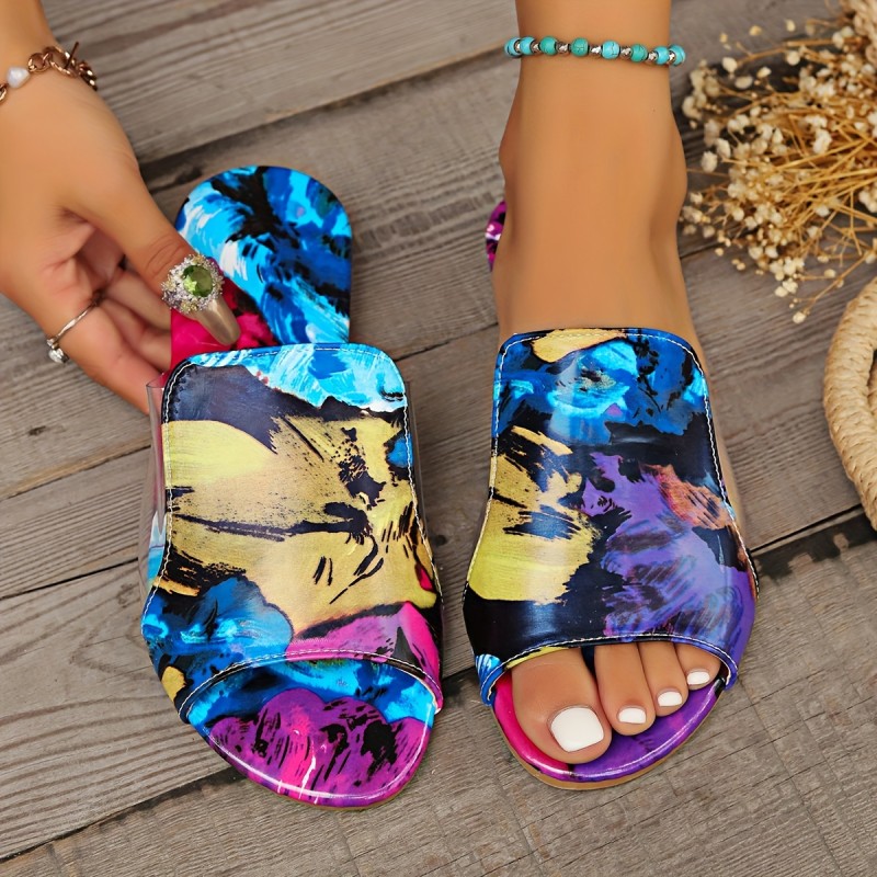 Women's Graffiti Pattern Slide Sandals, Casual Open Toe Summer Shoes, Lightweight Slide Sandals