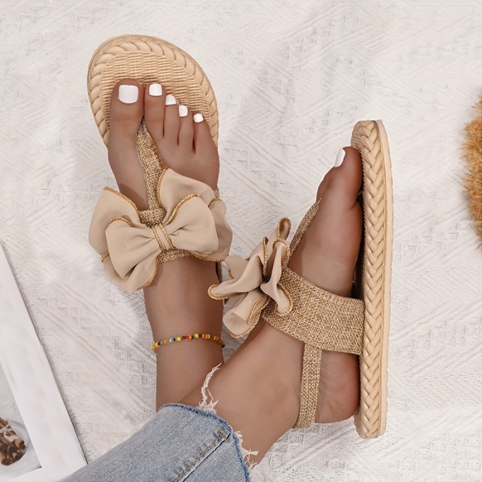 Women's Bowknot Decor Thong Sandals, Solid Color Open Toe Ankle Buckle Strap Slingback Boho Shoes, Vacation Comfy Shoes