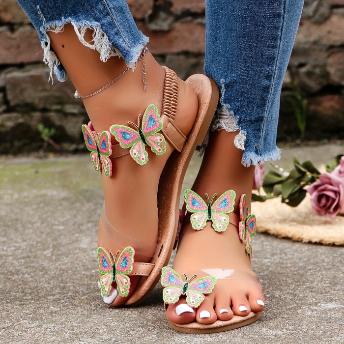 Women's Butterfly Decor Sandals, Slip On Lightweight Boho Beach Shoes, Toe Loop Vacation Shoes