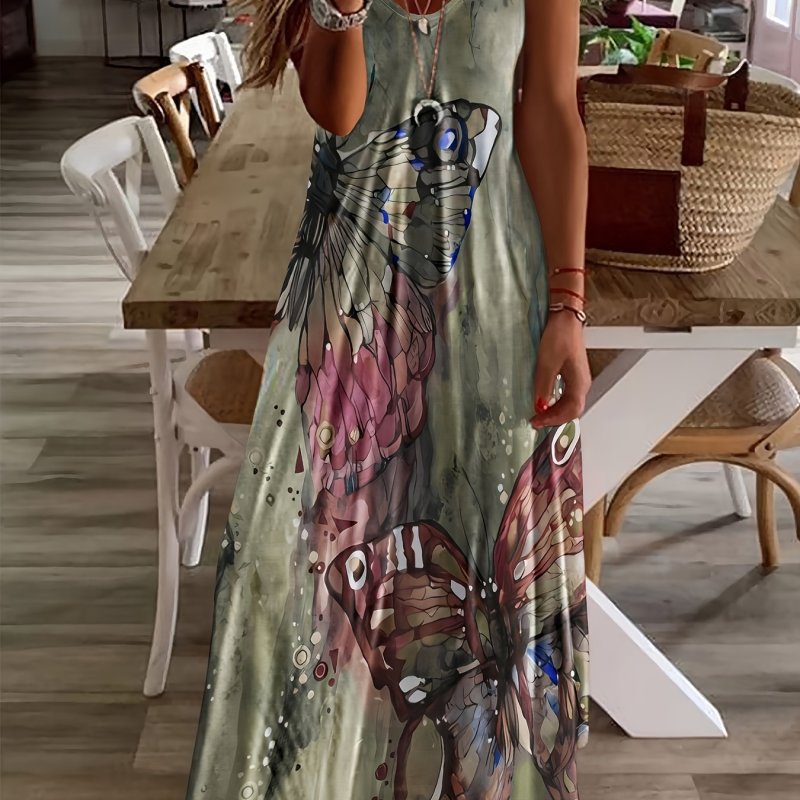 Butterfly Print V Neck Dress, Casual Short Sleeve Dress For Spring & Summer, Women's Clothing