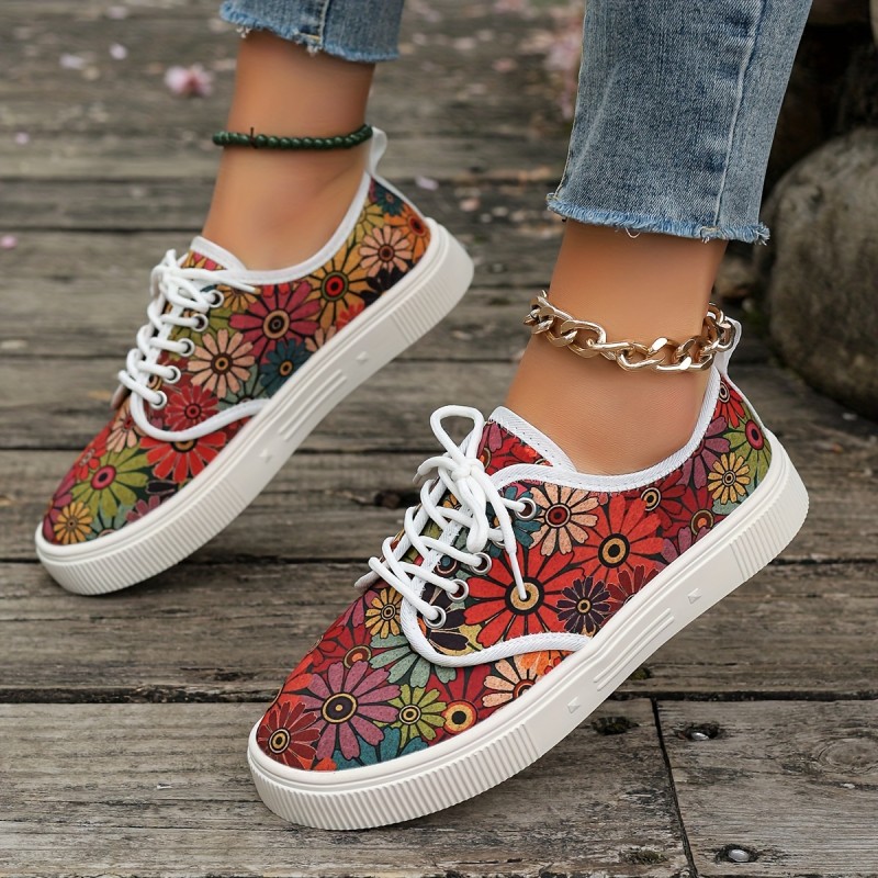 Women's Canvas Sneakers, Floral Print Casual Lace-Up Sport Shoes, Comfortable Walking Flats