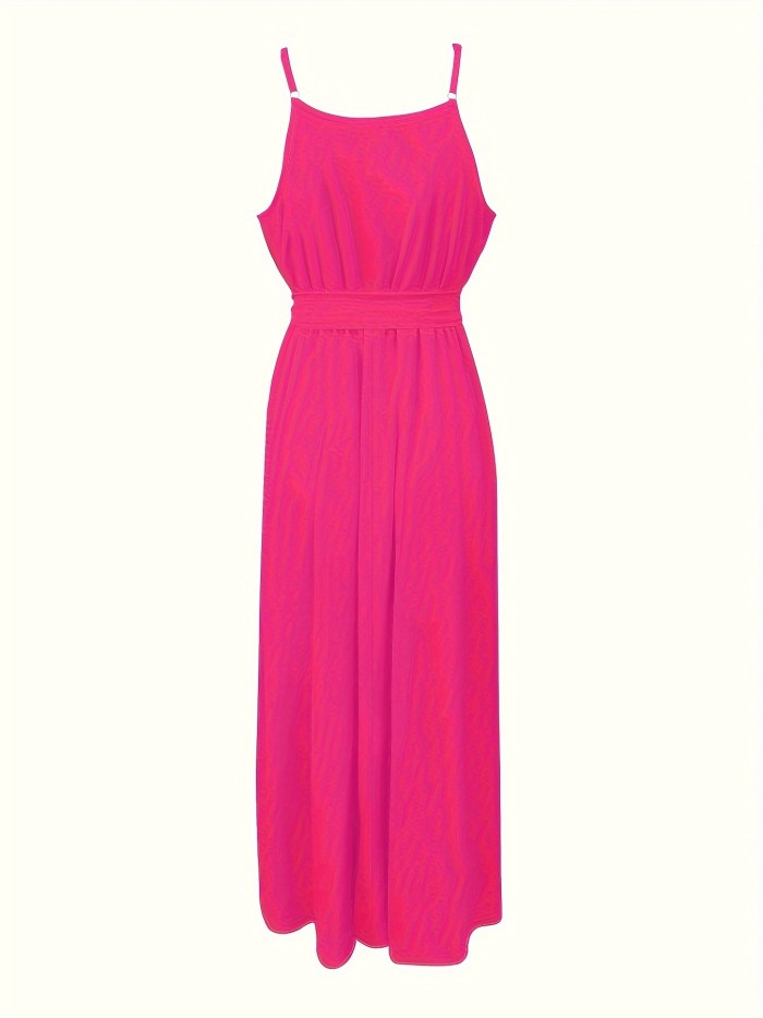 Ruffle Trim Sleeveless Cami Dress, Tie-waist Strap Maxi Length Dress, Women's Clothing