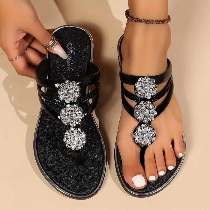 Women's Rhinestone Flower Flip Flops, Fashion Clip Toe Flat Slide Shoes, Casual Indoor & Outdoor Slides