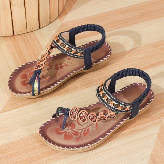 Women's Boho Style Flat Sandals, Heart & Rhinestone Decor Elastic Strap Slip On Shoes, Summer Beach Sandals for Holiday