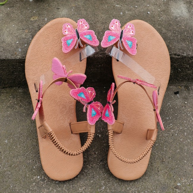 Women's Butterfly Decor Sandals, Slip On Lightweight Boho Beach Shoes, Toe Loop Vacation Shoes