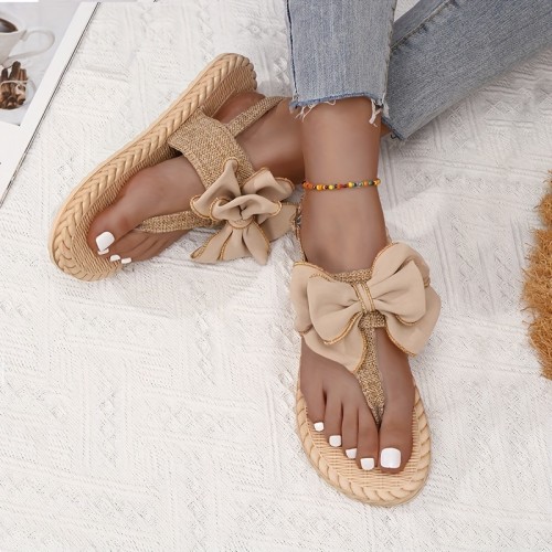 Women's Bowknot Decor Thong Sandals, Solid Color Open Toe Ankle Buckle Strap Slingback Boho Shoes, Vacation Comfy Shoes