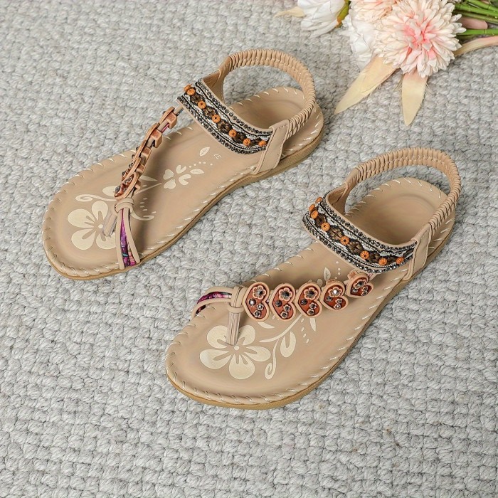 Women's Boho Style Flat Sandals, Heart & Rhinestone Decor Elastic Strap Slip On Shoes, Summer Beach Sandals for Holiday