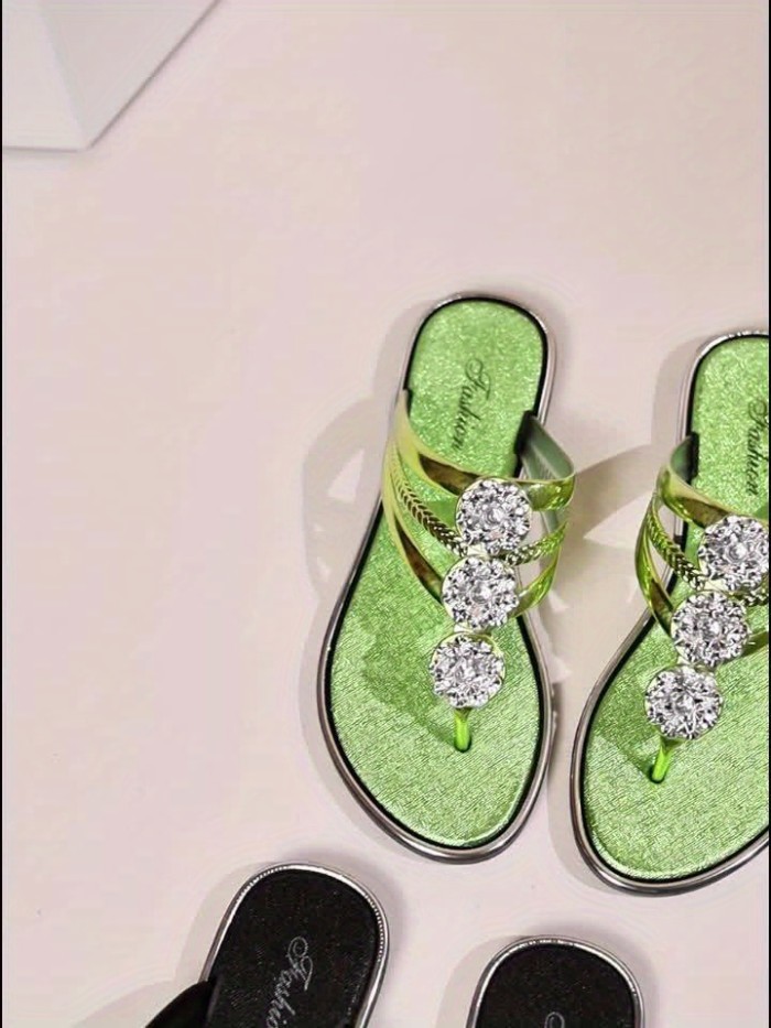 Women's Rhinestone Flower Flip Flops, Fashion Clip Toe Flat Slide Shoes, Casual Indoor & Outdoor Slides