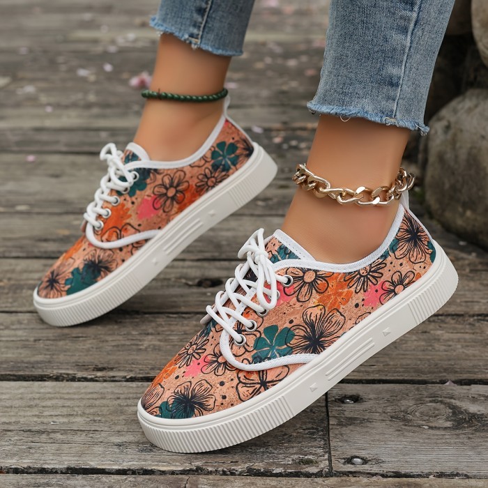 Women's Canvas Sneakers, Floral Print Casual Lace-Up Sport Shoes, Comfortable Walking Flats