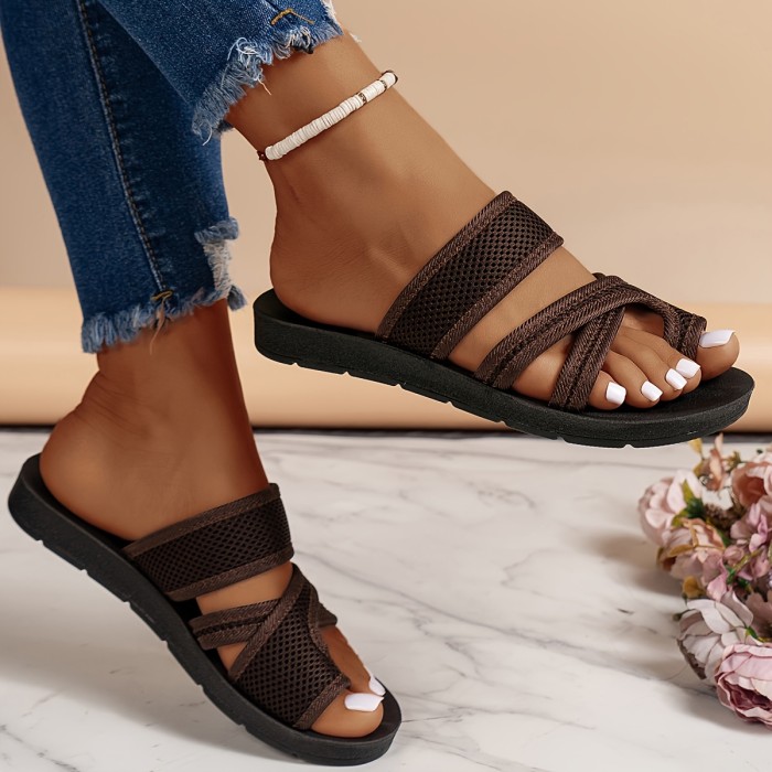 Women's Solid Color Slide Sandals, Casual Loop Toe Summer Shoes, Lightweight Slide Sandals