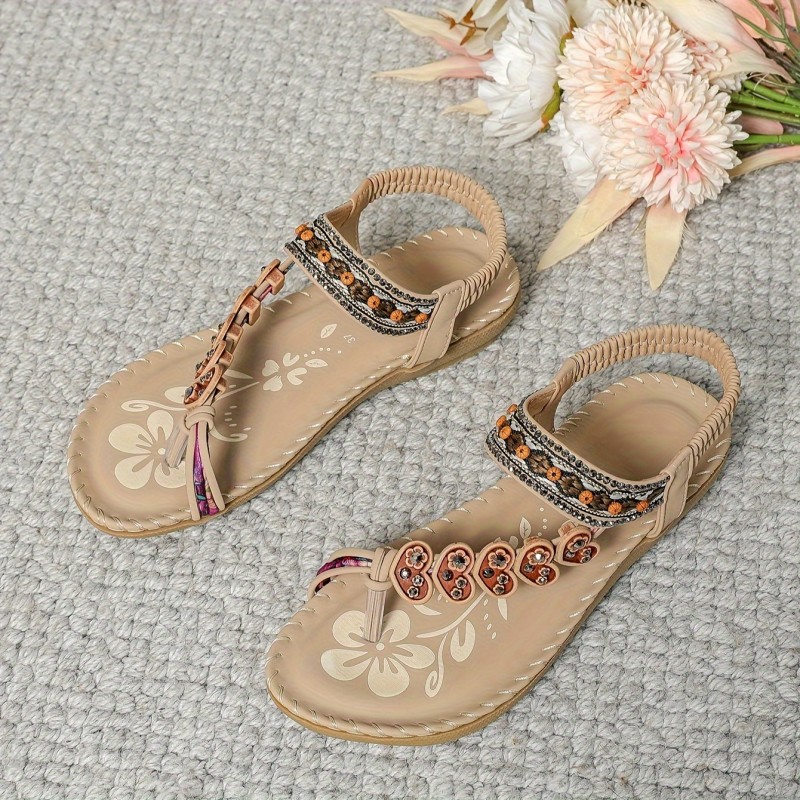 Women's Boho Style Flat Sandals, Heart & Rhinestone Decor Elastic Strap Slip On Shoes, Summer Beach Sandals for Holiday