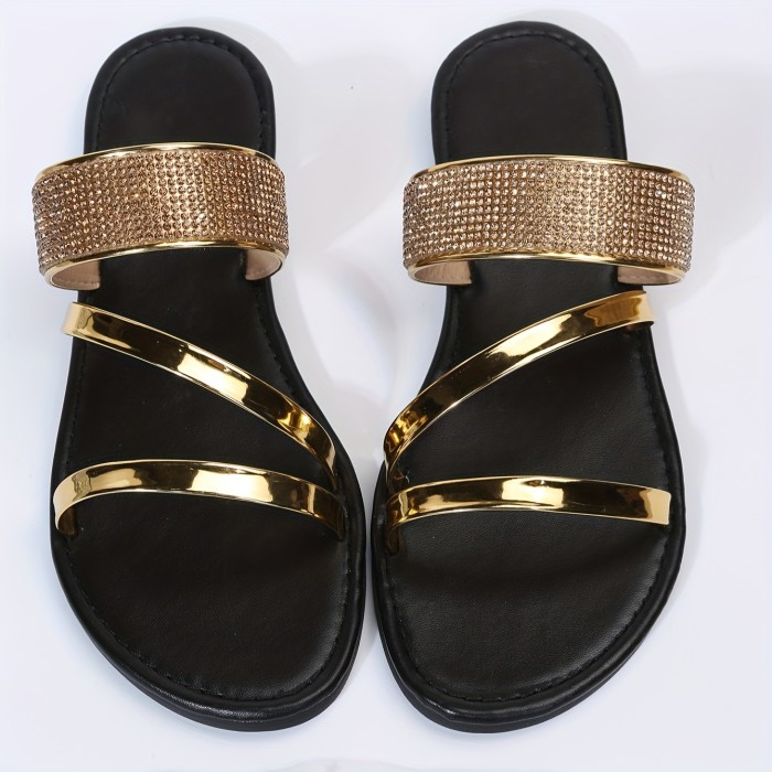 Women's Summer Rhinestone Decor Elegant Slides Sandals, Non-slip Beach Flat Slippers For Outdoor For Music Festival