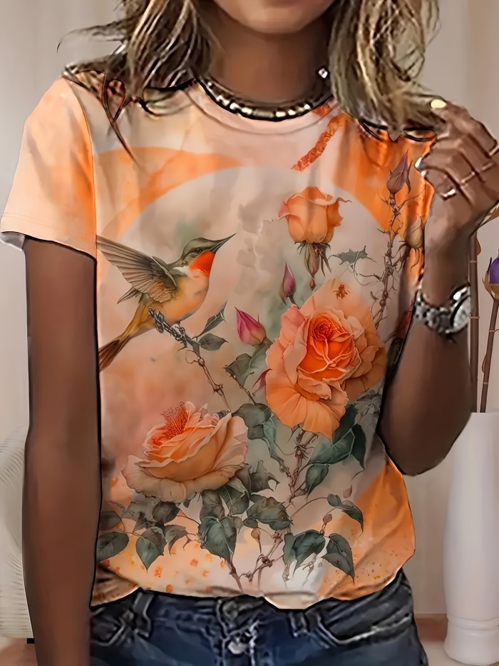 Floral & Bird Print T-shirt, Casual Short Sleeve Crew Neck Top, Women's Clothing