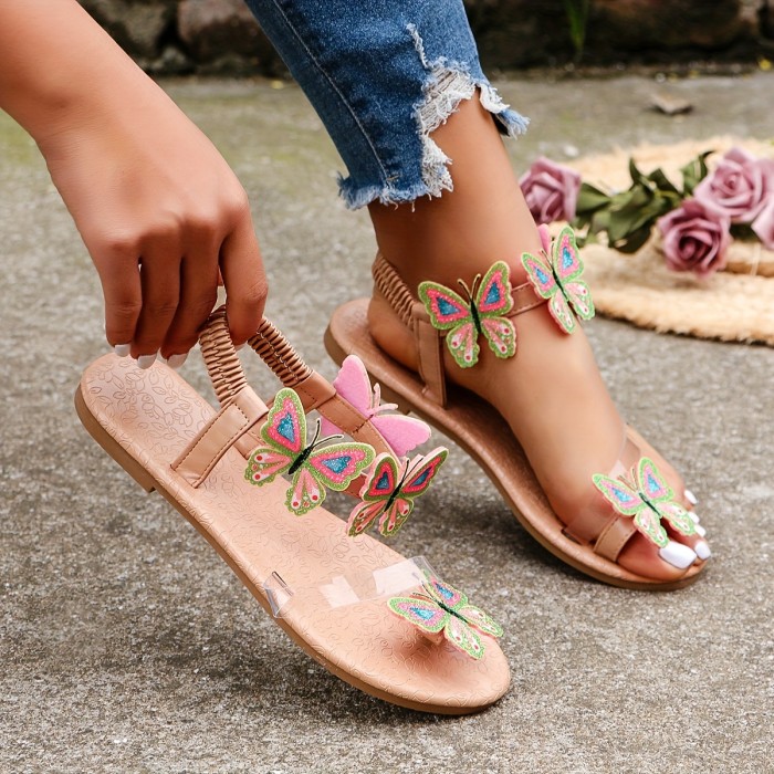Women's Butterfly Decor Sandals, Slip On Lightweight Boho Beach Shoes, Toe Loop Vacation Shoes