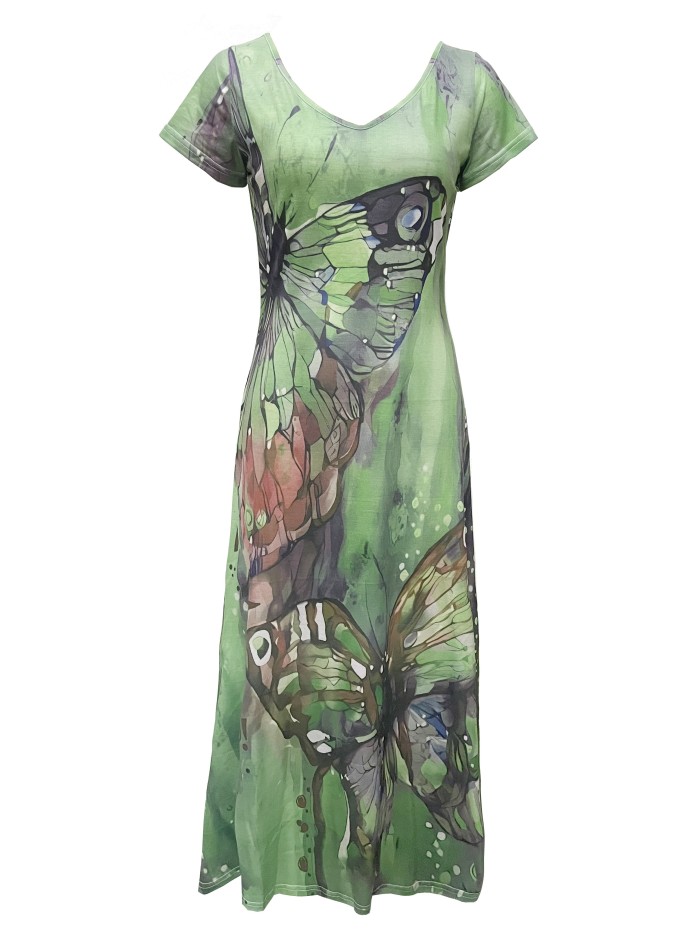 Butterfly Print V Neck Dress, Casual Short Sleeve Dress For Spring & Summer, Women's Clothing