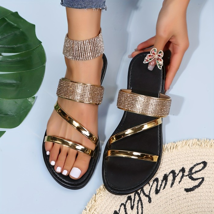 Women's Summer Rhinestone Decor Elegant Slides Sandals, Non-slip Beach Flat Slippers For Outdoor For Music Festival