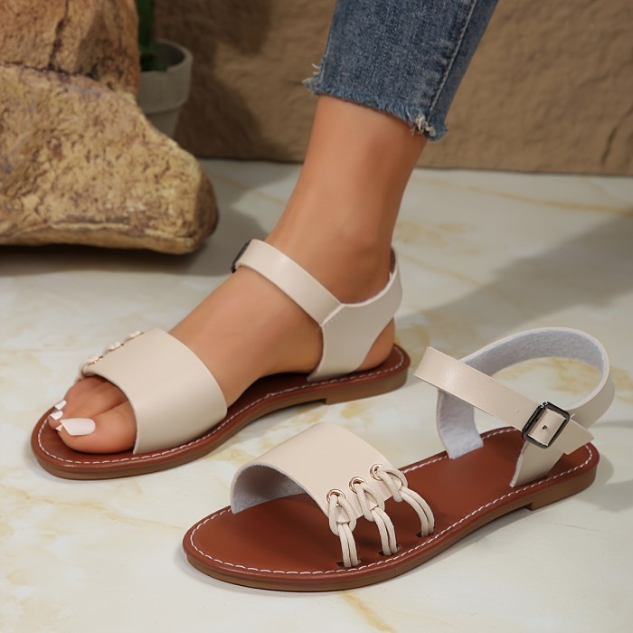 Women's Ankle Strap Flat Sandals, Solid Color Open Toe Summer Shoes, Casual Outdoor Beach Sandals