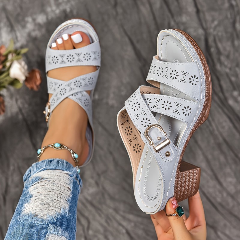 Women's Chunky Heeled Sandals, Hollow Design Crisscross Buckle Strap Summer Shoes, Casual Outdoor Sandals