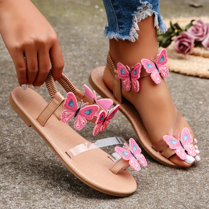 Women's Butterfly Decor Sandals, Slip On Lightweight Boho Beach Shoes, Toe Loop Vacation Shoes