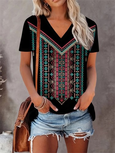 Ethnic Print V Neck T-Shirt, Casual Short Sleeve T-Shirt For Spring & Summer, Women's Clothing