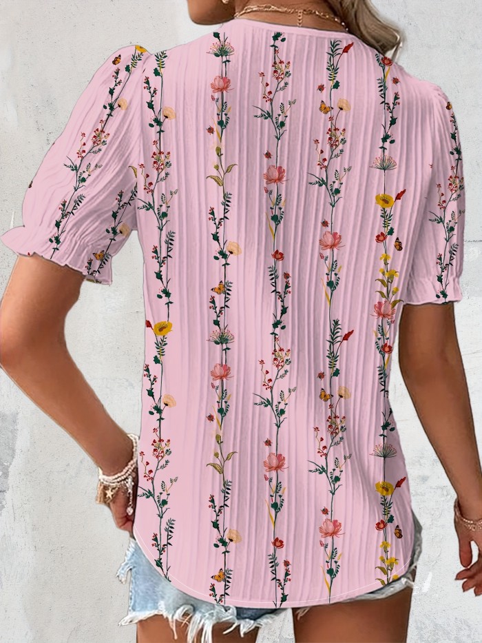 Plus Size Floral Print Lace Detail Blouse, Elegant V Neck Textured Short Sleeve Blouse For Spring & Summer, Women's Plus Size Clothing