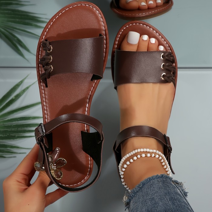 Women's Ankle Strap Flat Sandals, Solid Color Open Toe Summer Shoes, Casual Outdoor Beach Sandals