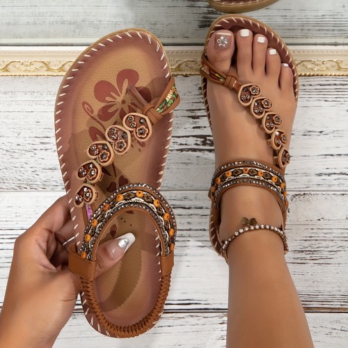 Women's Boho Style Flat Sandals, Heart & Rhinestone Decor Elastic Strap Slip On Shoes, Summer Beach Sandals for Holiday