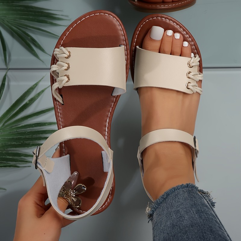 Women's Ankle Strap Flat Sandals, Solid Color Open Toe Summer Shoes, Casual Outdoor Beach Sandals