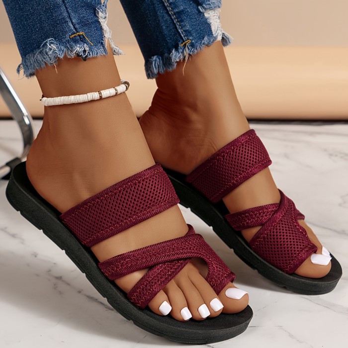 Women's Solid Color Slide Sandals, Casual Loop Toe Summer Shoes, Lightweight Slide Sandals