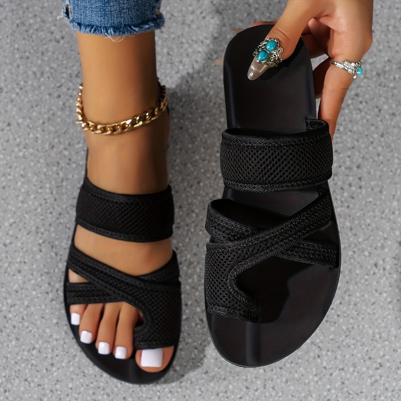 Women's Solid Color Slide Sandals, Casual Loop Toe Summer Shoes, Lightweight Slide Sandals