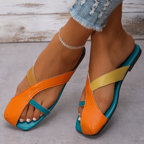 Women's Colorblock Slide Sandals, Casual Square Toe Flat Summer Shoes, Lightweight Slide Sandals