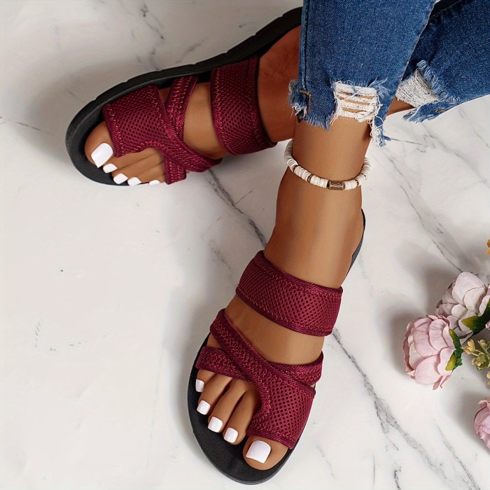 Women's Solid Color Slide Sandals, Casual Loop Toe Summer Shoes, Lightweight Slide Sandals