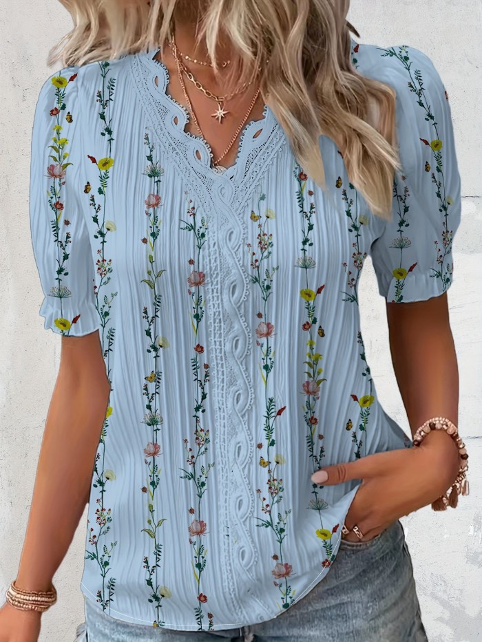 Plus Size Floral Print Lace Detail Blouse, Elegant V Neck Textured Short Sleeve Blouse For Spring & Summer, Women's Plus Size Clothing