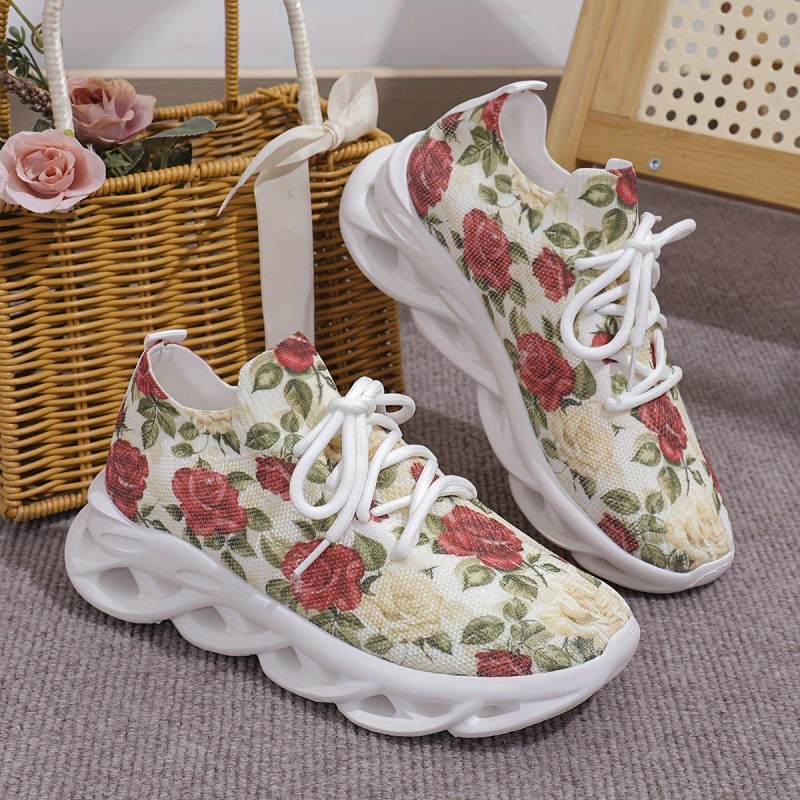Women's Floral Casual Sneakers, Breathable Lace Up Low Top Running Walking Trainers, Comfy Outdoor Sports Shoes