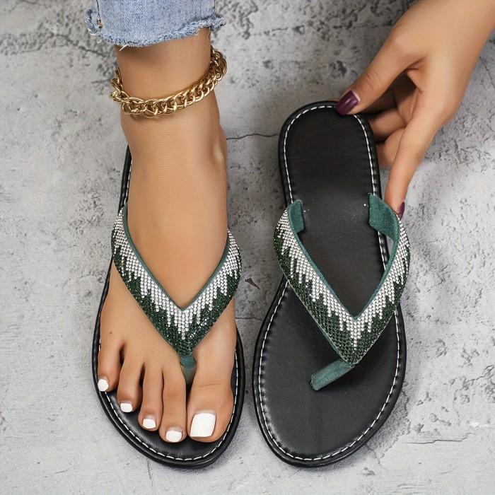 Women's Rhinestone Decor Flip Flops, Casual Clip Toe Summer Shoes, Lightweight Beach Shoes