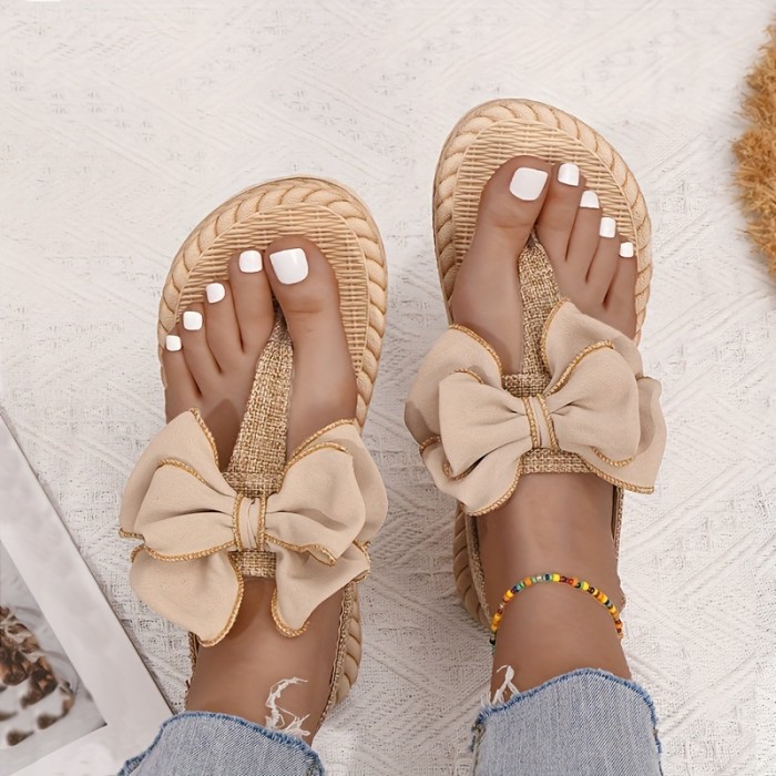 Women's Bowknot Decor Thong Sandals, Solid Color Open Toe Ankle Buckle Strap Slingback Boho Shoes, Vacation Comfy Shoes