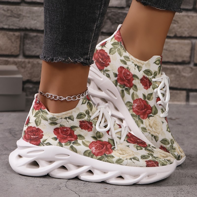Women's Floral Casual Sneakers, Breathable Lace Up Low Top Running Walking Trainers, Comfy Outdoor Sports Shoes